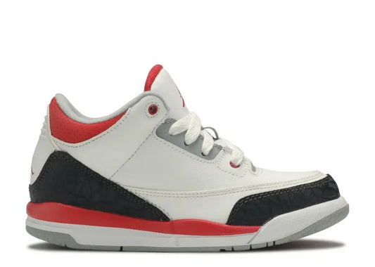 Jordan 3 Retro Preschool sneakers in white, fire red, and black elephant print.