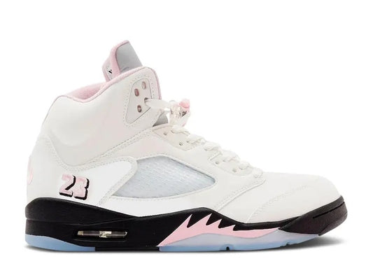 Jordan 5 Retro Medium Soft Pink mens sneakers, white, black, and pink with a translucent blue sole.
