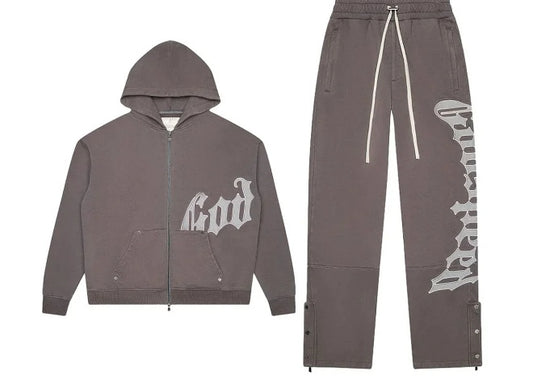 Stone grey Godspeed full-zip hoodie and sweatpants tracksuit with gothic lettering.
