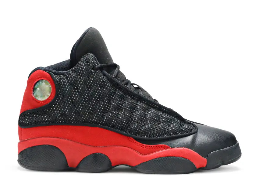Air Jordan 13 Retro boys basketball shoes in black, true red, and white.