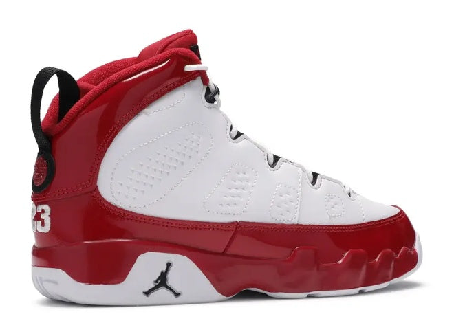 Jordan 9 Retro PS white, gym red kids basketball shoe.