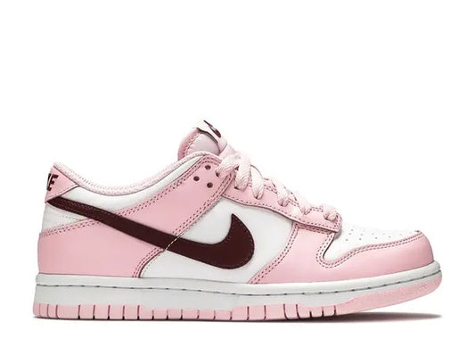 Nike Dunk Low GS Kids athletic sneakers: Pink Foam, Dark Beetroot, White.