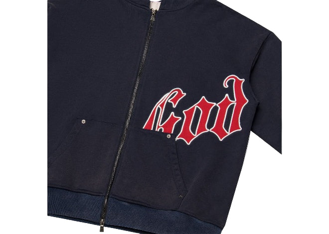 GODSPEED Navy Red zip-up hoodie with red GOD embroidery, white outline, and pockets.