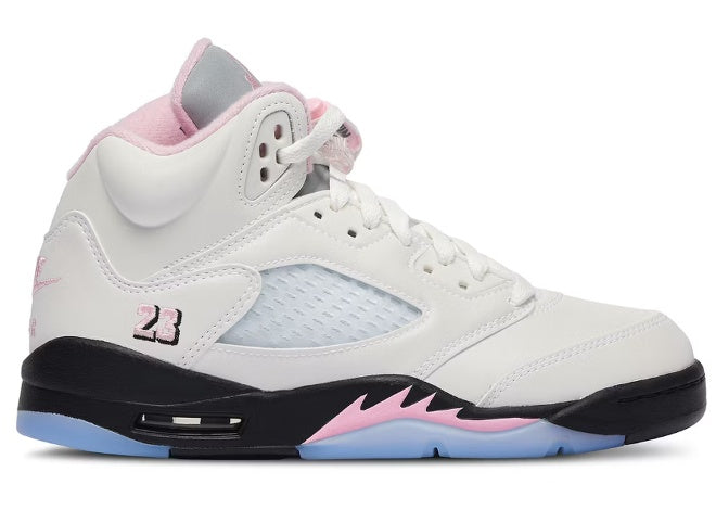 Nike Air Jordan 5 Retro Medium Soft Pink kids sneaker in white, pink, black & ice blue.