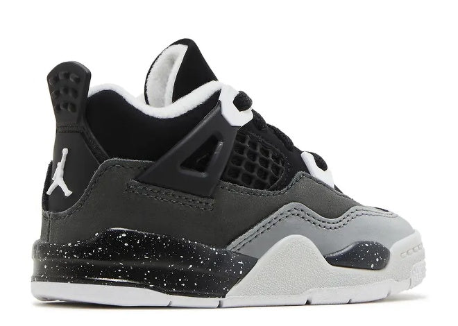 Kids Air Jordan 4 TD sneaker, black/white/anthracite with speckles.