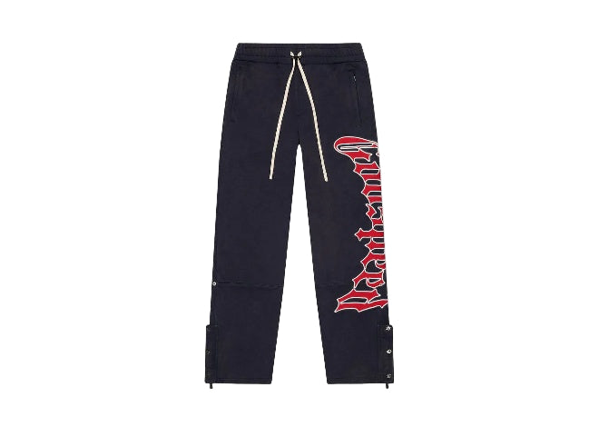 GODSPEED Navy Red track pants with gothic text design and side snap buttons.