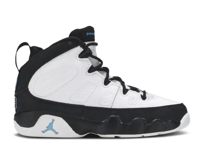 Jordan 9 Retro Preschool sneakers in white and black with University Blue accents.