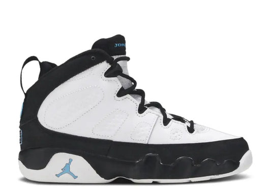 Jordan 9 Retro Preschool sneakers in white and black with University Blue accents.
