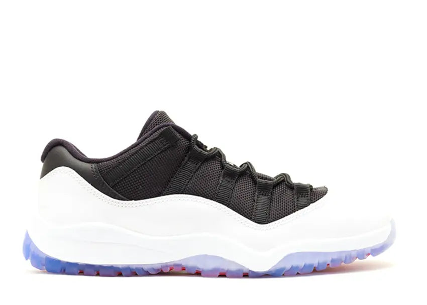 Jordan 11 Retro Low PS sneakers in white, black & true red with icy blue outsole.