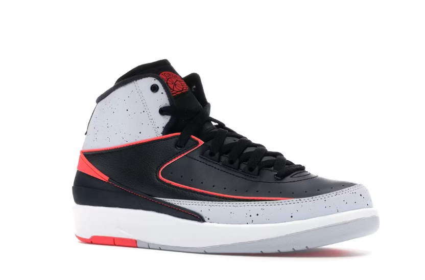 Jordan Air Jordan 2 Retro boys sneakers in black, infrared, pure platinum, and white.