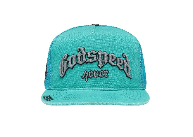 Godspeed Forever Trucker Hat Turquoise – New York Exclusive Streetwear Cap with Embroidered Logo
