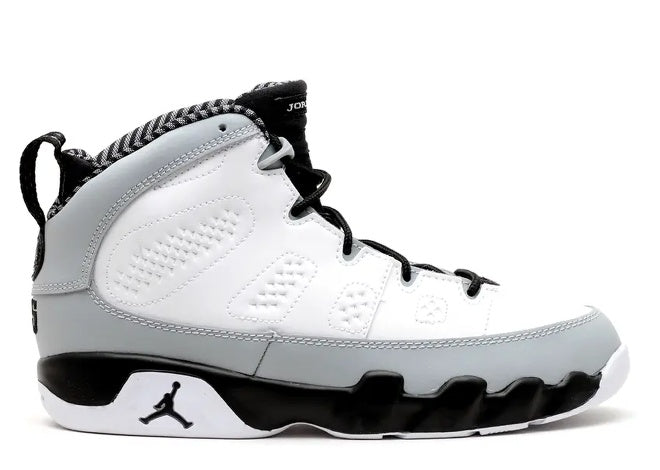 Jordan 9 Retro Pre-School white, black, wolf grey sneakers.