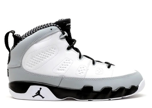 Jordan 9 Retro Pre-School white, black, wolf grey sneakers.