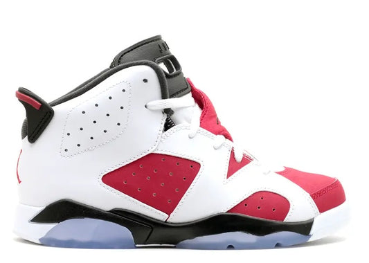 Air Jordan 6 PS kids sneaker in white, carmine red, and black.