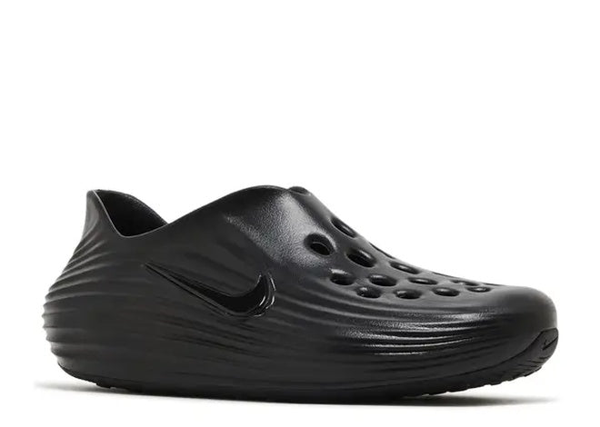 Black Nike ReactX Rejuven8 casual slip-on clog with sculpted texture, breathable perforations & iconic swoosh.