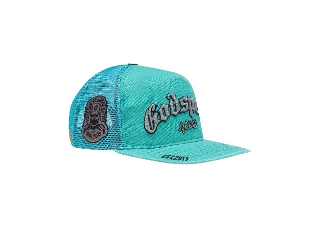 Godspeed Forever Trucker Hat Turquoise – New York Exclusive Streetwear Cap with Embroidered Logo