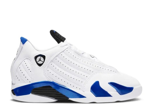 White and Hyper Royal Air Jordan 14 PS kids sneaker with black accents.