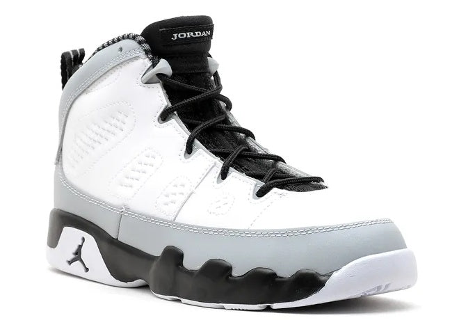 White, black & wolf grey Jordan 9 Retro PS sneakers.