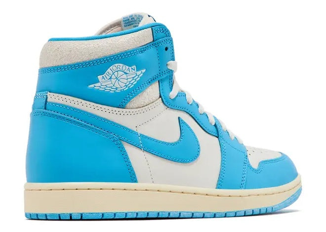 Air Jordan 1 Retro High OG Dark Powder Blue mens high-top sneaker in white and blue.