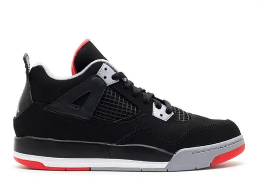 Jordan 4 Retro PS Bred black, cement grey, fire red preschool shoe.
