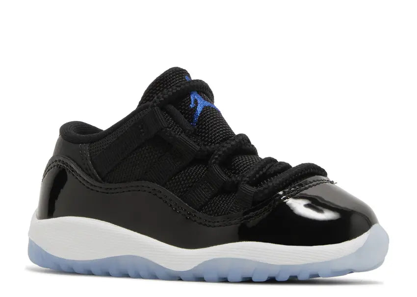 Jordan 11 Retro Low Toddler shoes, black patent leather & mesh, white midsole, Varsity Royal blue & icy outsole.