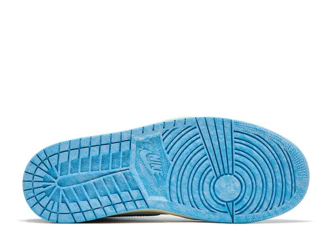 Air Jordan 1 Retro High OG Dark Powder Blue mens shoe. Light blue outsole with Nike logo & tread.