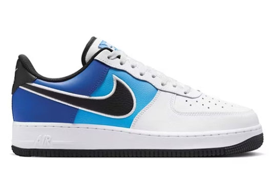 Nike Air Force 1 07 mens casual sneakers in white, black, and blue.