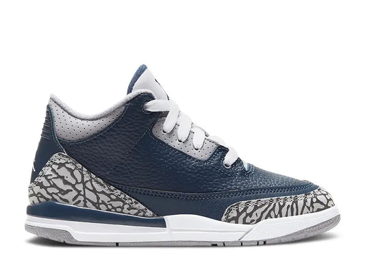Jordan 3 Retro PS Midnight Navy blue, grey, white elephant print shoes.