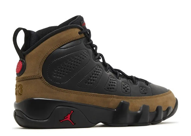 Air Jordan 9 GS Black Light Olive True Red kids sneaker with red Jumpman & olive 23.