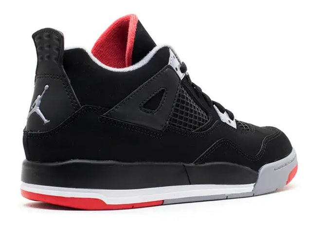 Jordan 4 Retro PS Bred black, fire red, cement grey preschool shoe, side view.