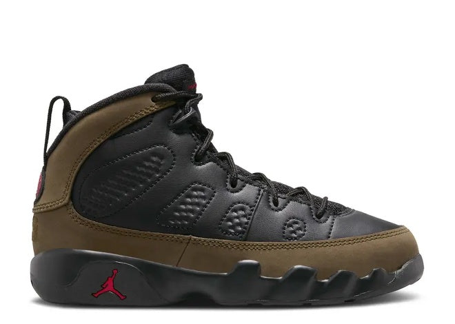 Air Jordan 9 PS Black True Red Light Olive kids sneaker.