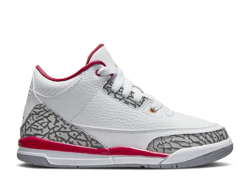 Air Jordan 3 Retro PS white & Cardinal Red elephant print shoes.