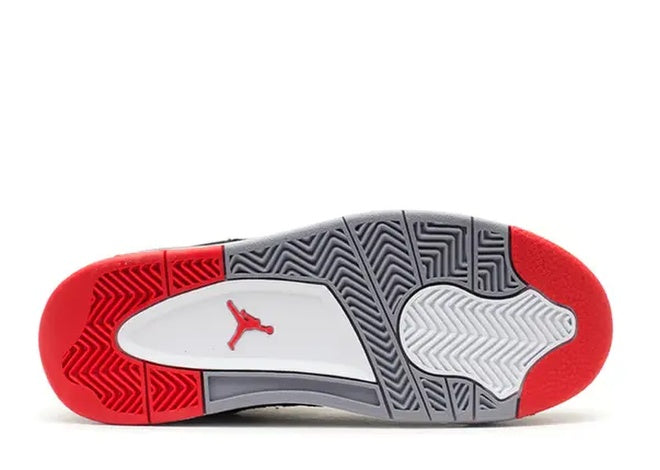 Jordan 4 Retro PS Bred outsole featuring Fire Red, Cement Grey, & Black sections with Jumpman logo & traction patterns.