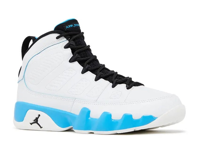Air Jordan 9 GS sneaker in Summit White, Black & University Blue.