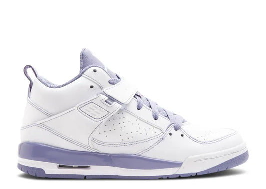 Jordan Flight 45 GG girls white and light purple high-top basketball shoes with mid-strap.
