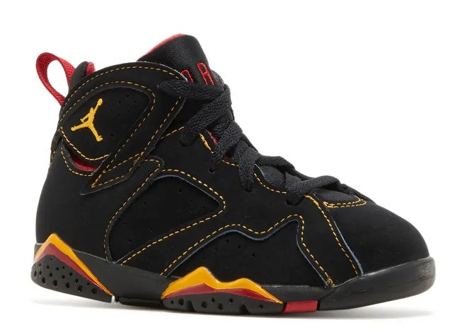 DJ2776-081 Air Jordan 7 BT black, citrus, varsity red toddler sneaker.