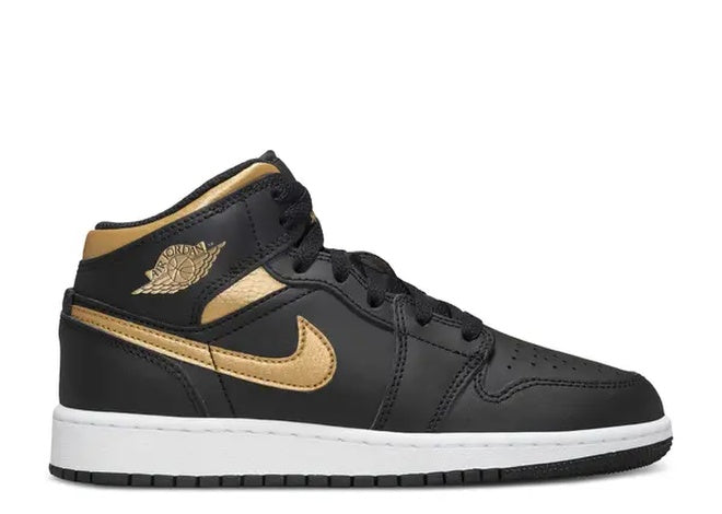 Black/Metallic Gold Air Jordan 1 Mid GS shoes.