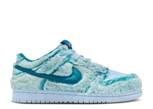 Nike Dunk Low PS Abominable Snowman Labubu sneaker in light blue and teal faux fur.
