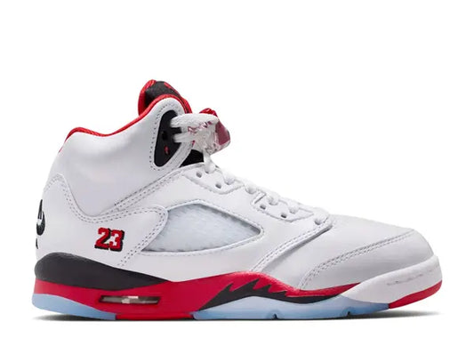 Jordan 5 Retro GS Fire Red 2025 sneaker with white leather, red midsole, black accents, and 23 on heel.