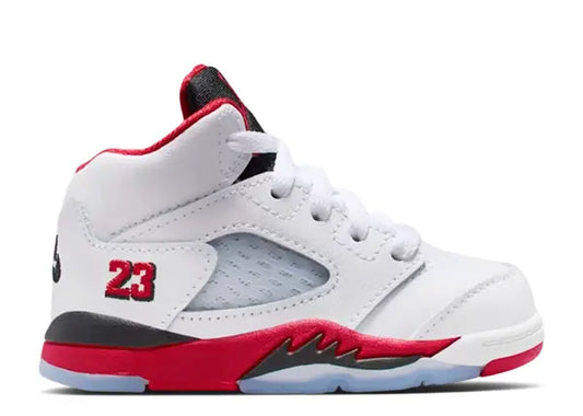 Jordan 5 Retro TD Fire Red 2025 white, red, and black toddler shoe.