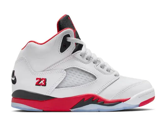 Jordan 5 Retro PS Fire Red 2025 white, red, black high-top sneaker with 23 embroidery and translucent sole.