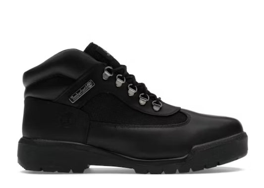 Timberland Mens Black Field Boots with D-ring eyelets, leather and mesh upper, and rugged sole.