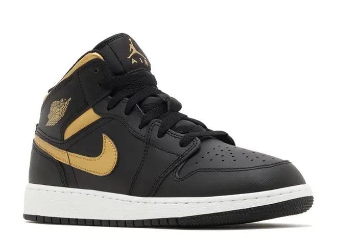 Black & metallic gold Air Jordan 1 Mid GS basketball shoes.