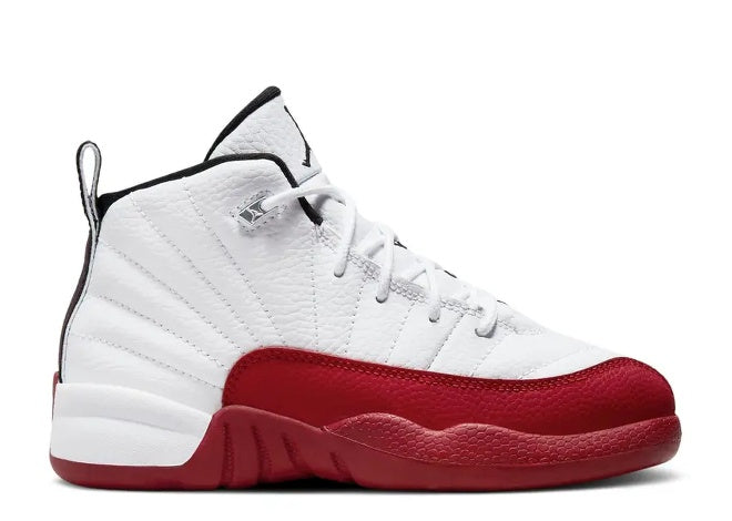 Air Jordan 12 PS kids sneaker in white, black & varsity red.