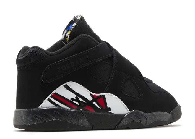 Side view of Air Jordan 8 HI infants black true red white sneaker.