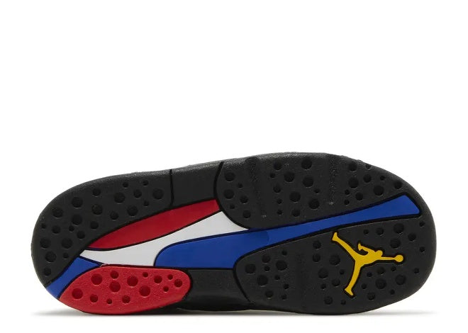 Air Jordan 8 Infants sneaker sole, black, red, white, blue accents, yellow Jumpman logo.