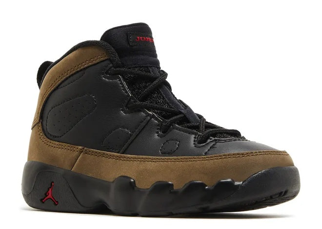 Unisex Black Light Olive Air Jordan 9 Infants sneakers with red accents.