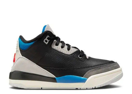 Jordan 3 Retro OG PS black, grey, and blue preschool basketball shoes with red detail.