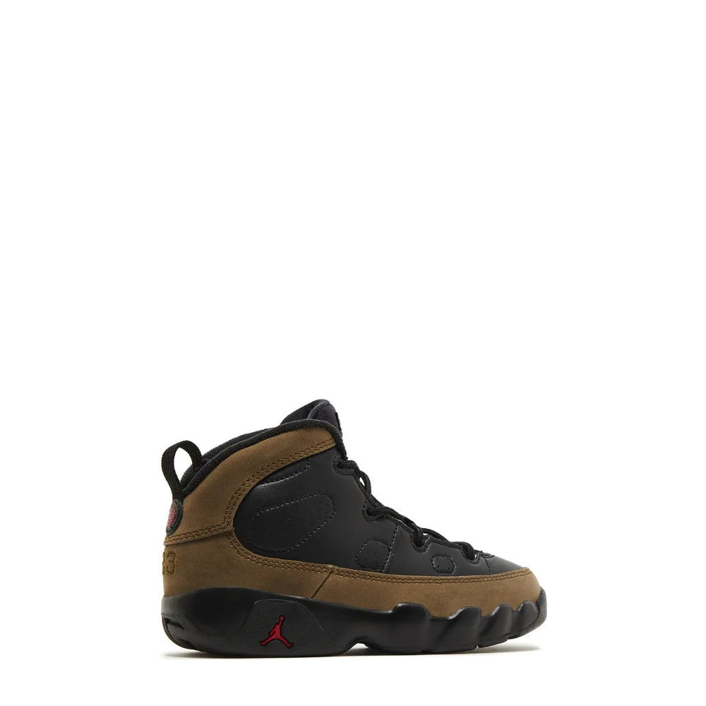 Air Jordan 9 Retro Infants' Sneaker - Black, True Red, Light Olive - 55% Scale - Angle 3