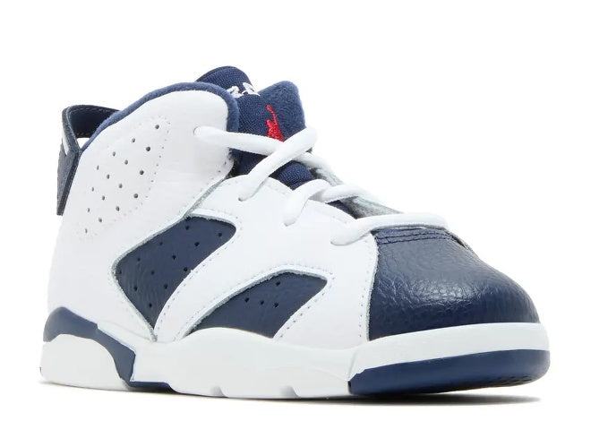 Air Jordan 6 TD white & navy toddler sneaker with red Jumpman logo.